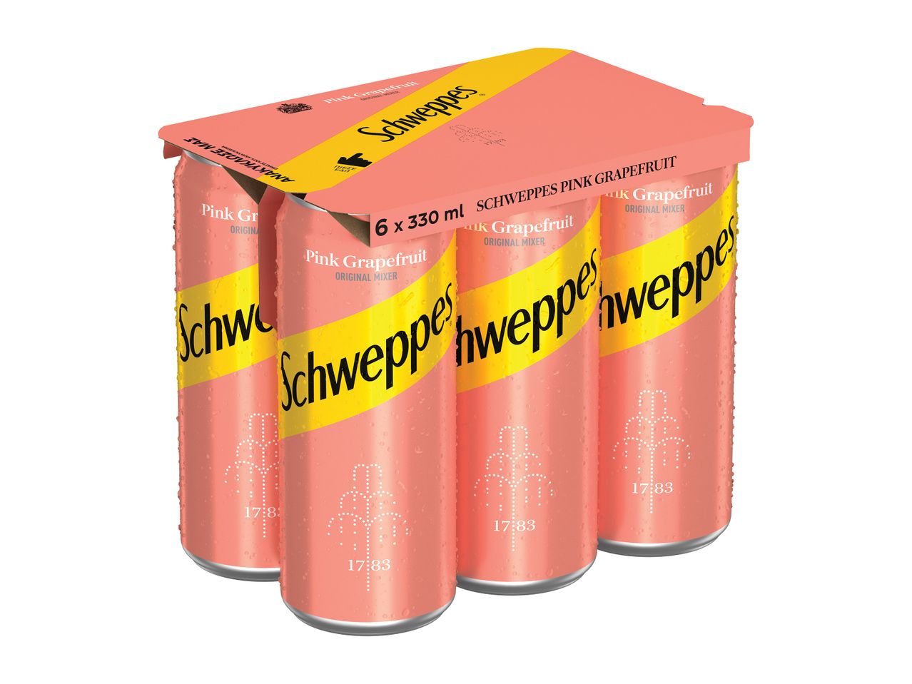 Συσκευασία 6 Schweppes ροζ γκρέιπφρουτ.