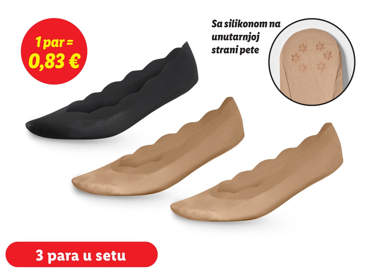 Tri para ženskih čarapa, crne i bež boje, s prozračnim potplatima.
