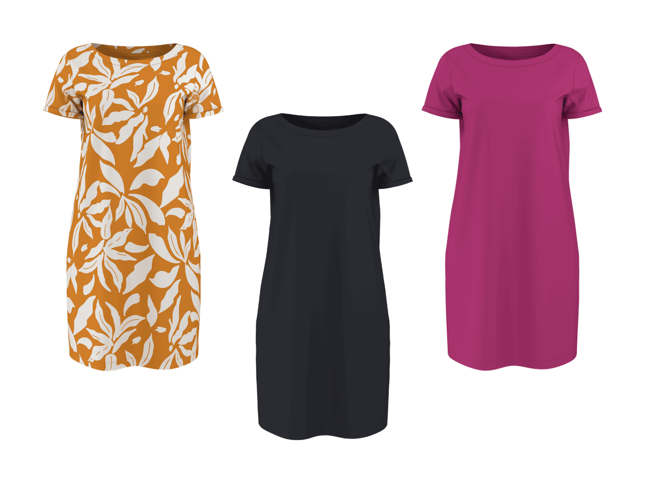Trois robes pour femmes : une orange à motifs floraux blancs, une gris foncé et une magenta.