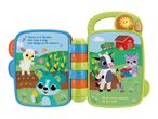 An open toy book with farm animals, a barn, and text about a farmer's dog named Bingo.