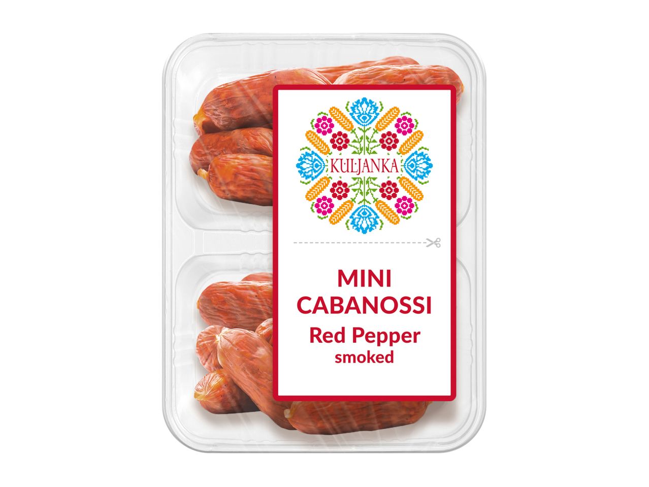 Lupita's Mini Cabanossi Red Pepper Smoked sausages in plastic packaging.
