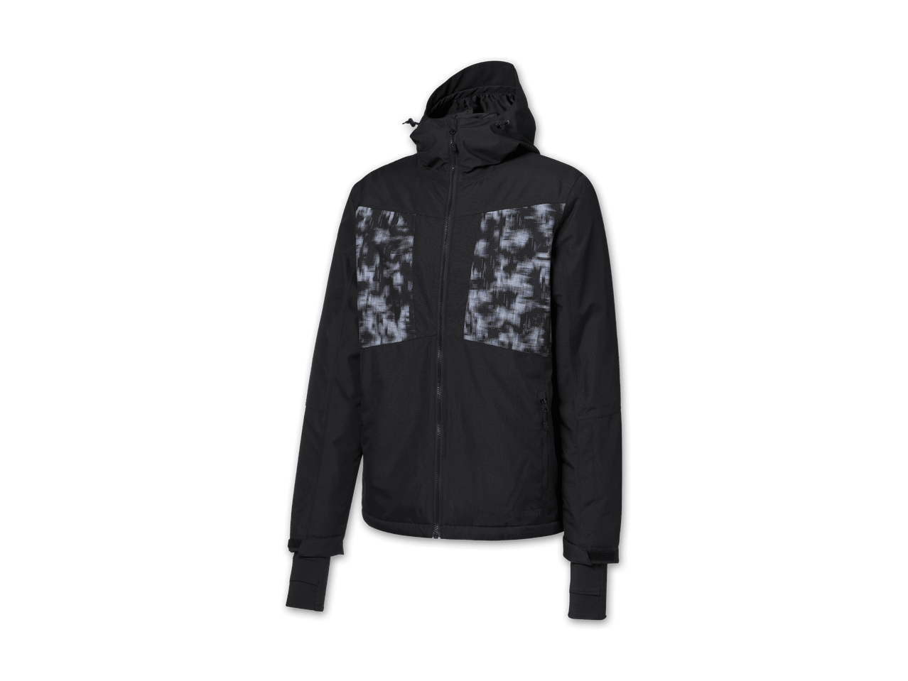 Schwarze Herren-Skijacke mit Kapuze und grau-weißem Muster auf der Brust