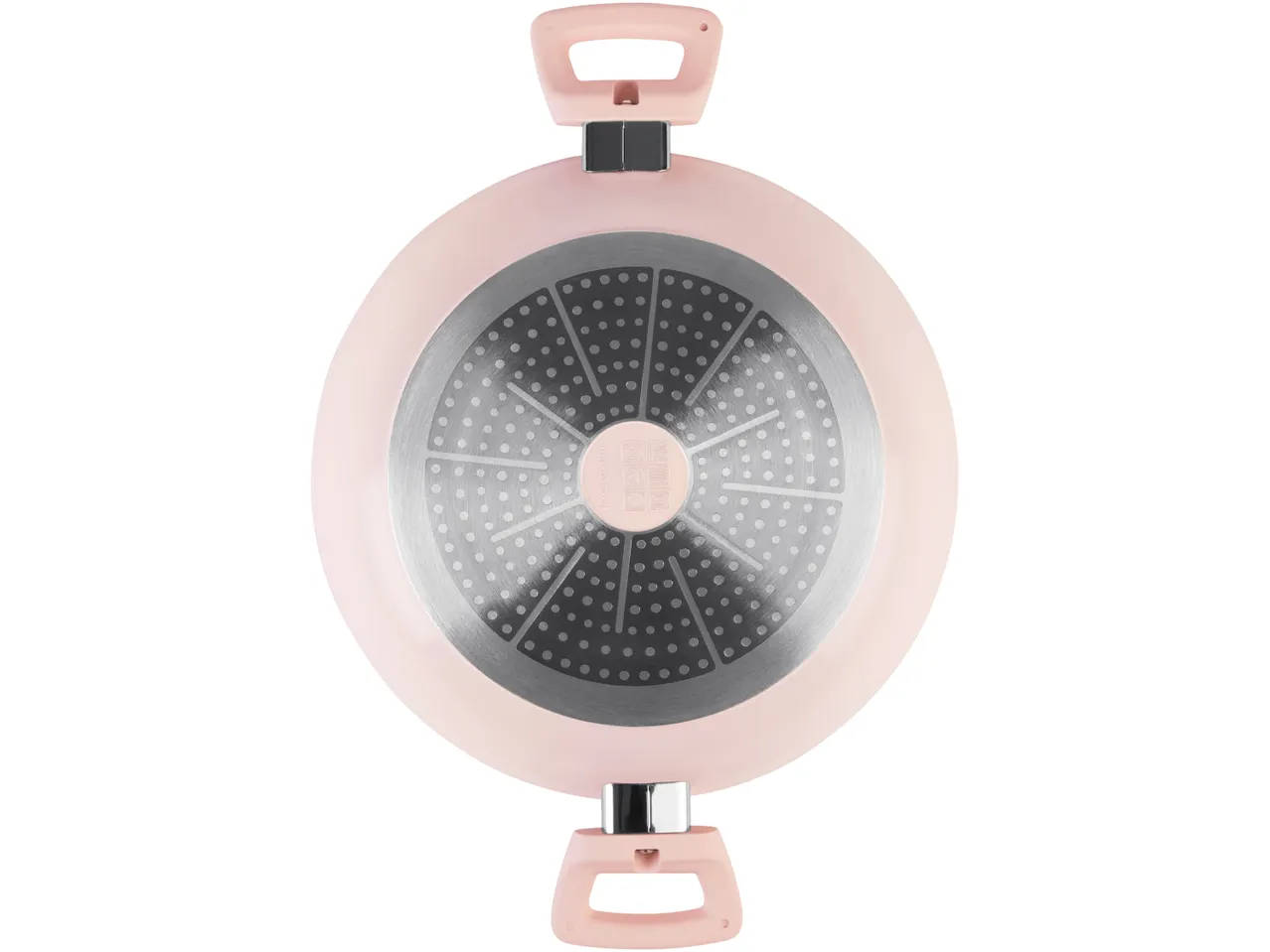 Fondo di una pentola rosa con manici e base in metallo.