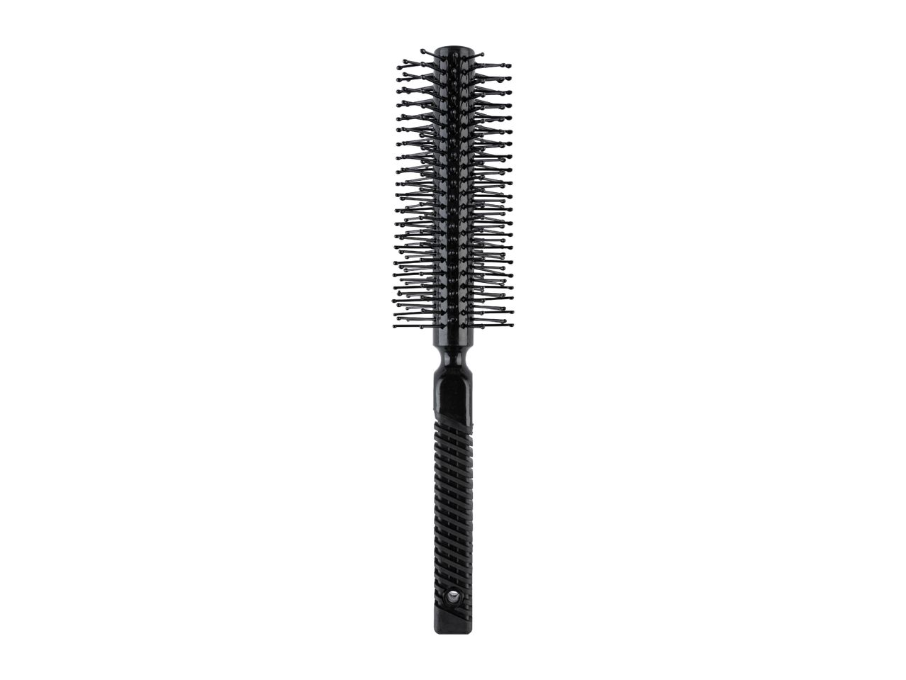 Black round hairbrush with a textured handle on a white background.