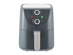 A dark gray air fryer with two control dials and indicator lights.