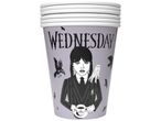 Stack of paper cups featuring Wednesday Addams, Thing, and crows.