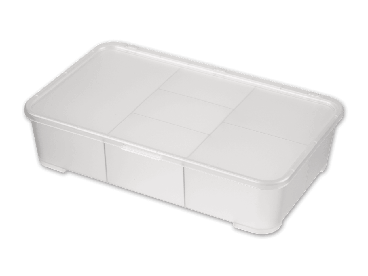 Eine weiße Plastikbox mit Deckel und mehreren Fächern.