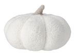 White fluffy pumpkin decoration with a light brown stem.