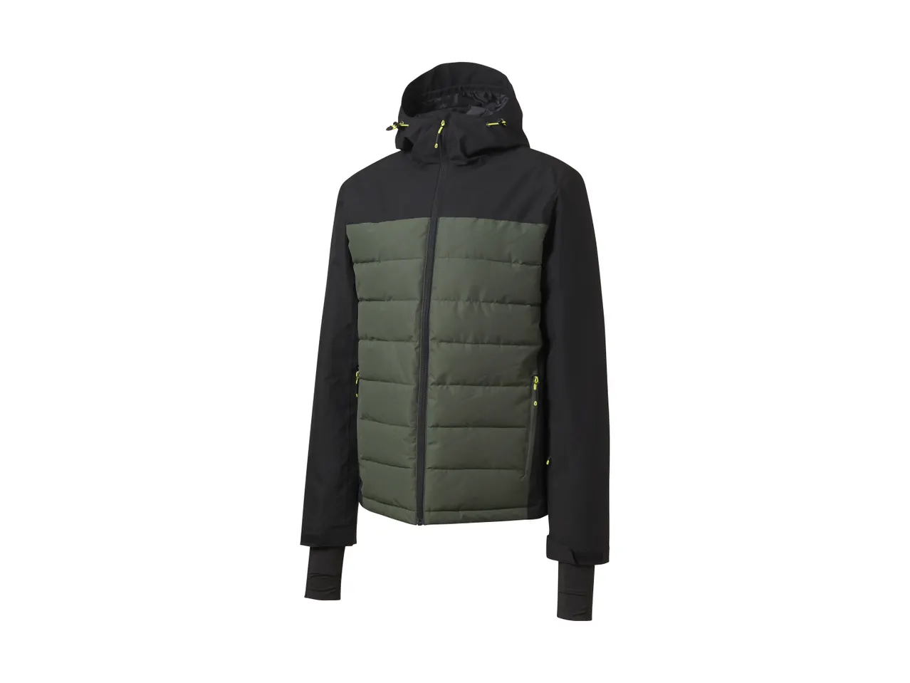 Men's black and olive green padded winter jacket with hood