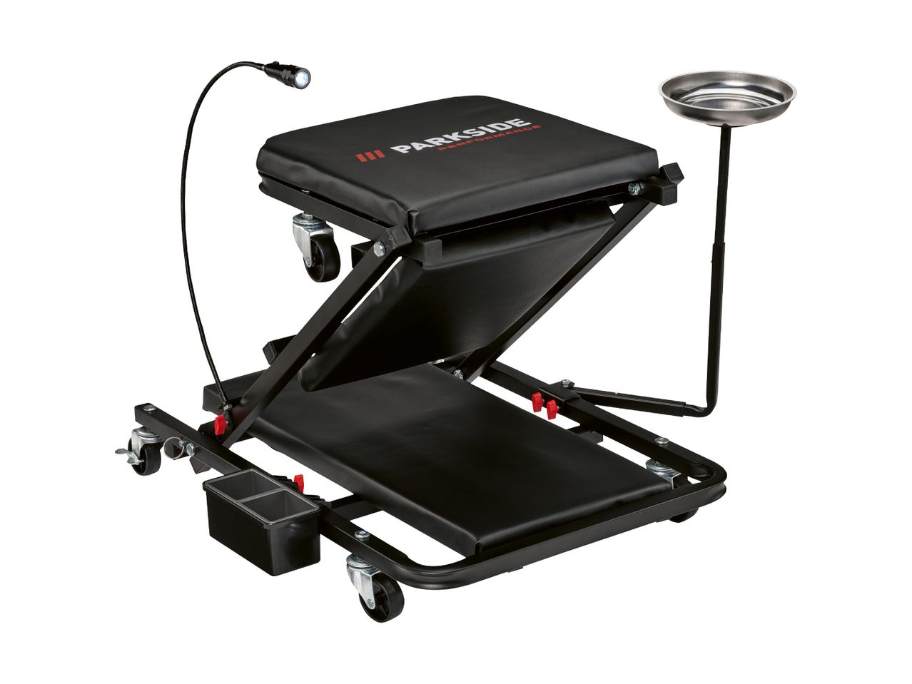 Parkside Performance mechanic's creeper with a built-in light and oil tray.