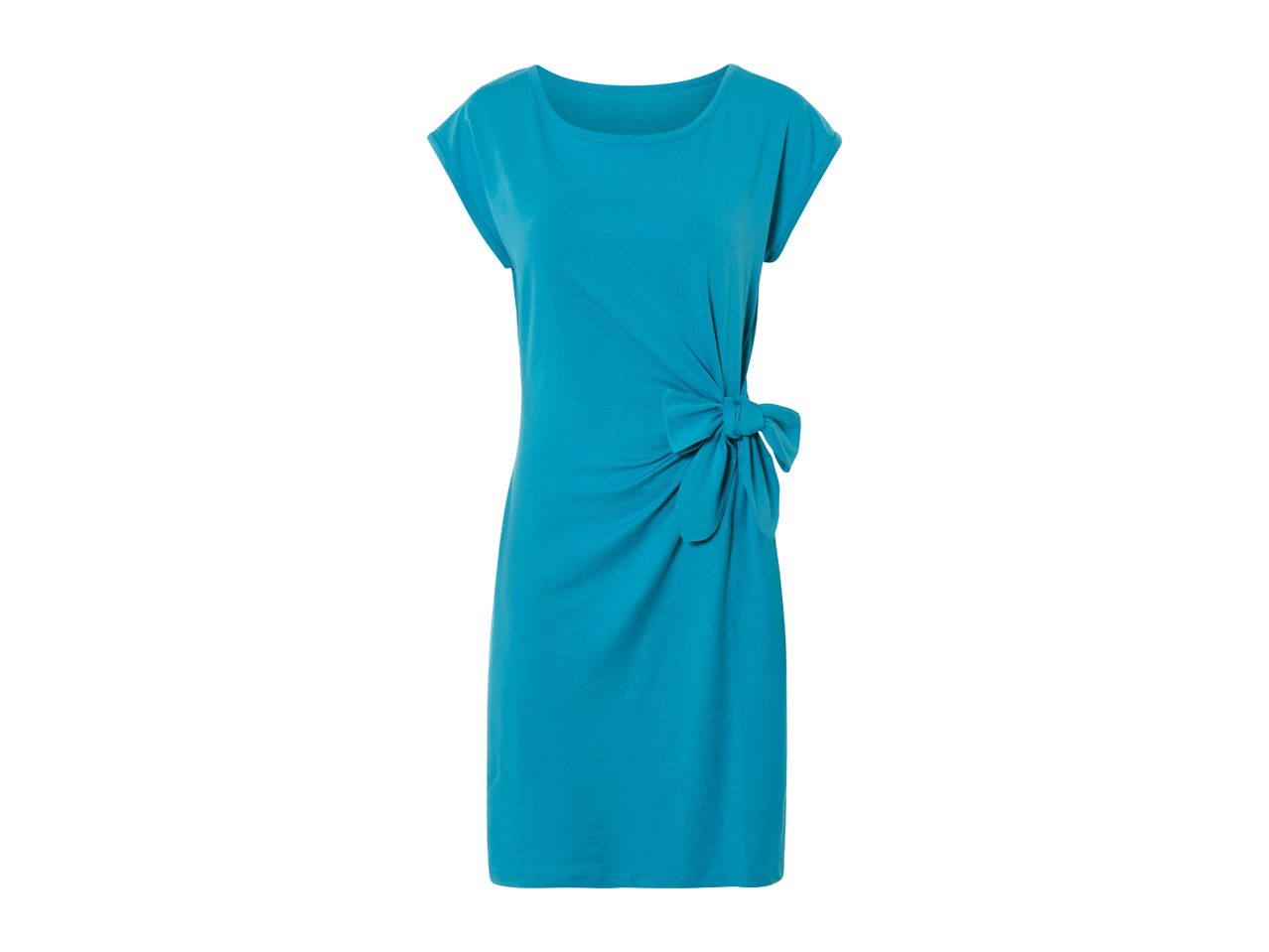 A turquoise knee-length dress with short sleeves and a side tie detail.