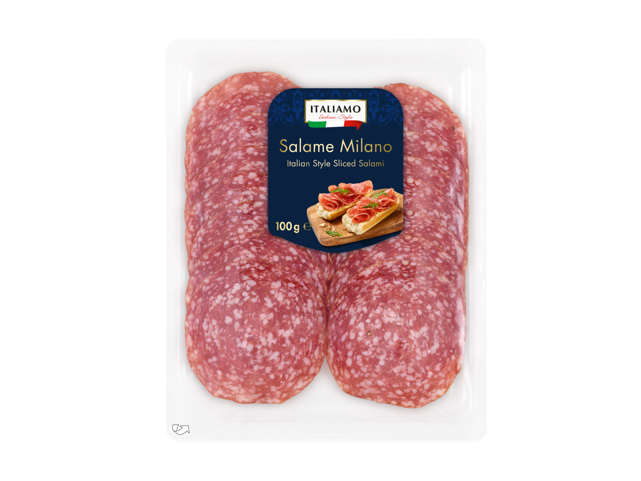 Embalagem de Salame Milano fatiado Dulano, 100g.