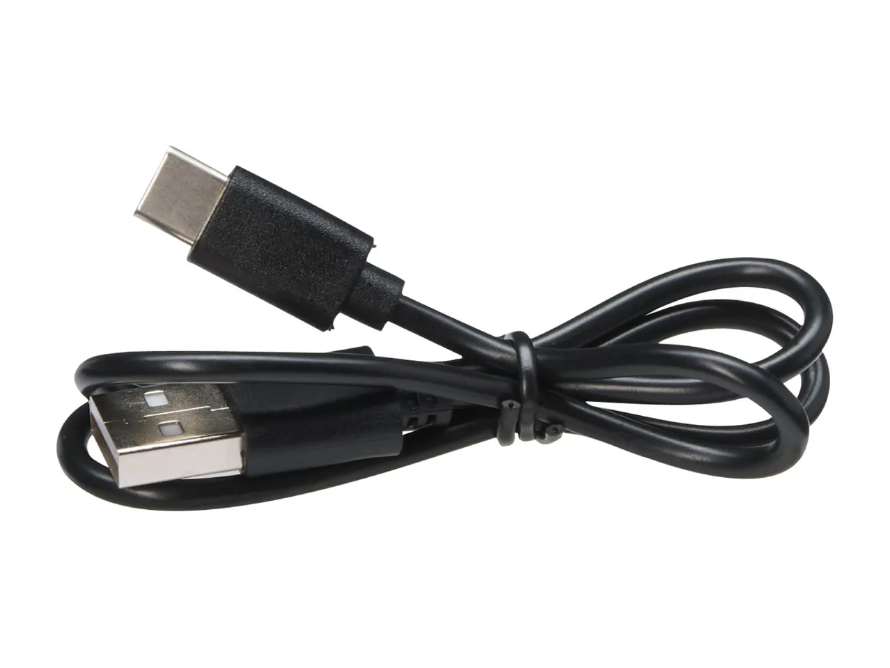 Black USB-C to USB-A charging cable, coiled and secured with a tie.