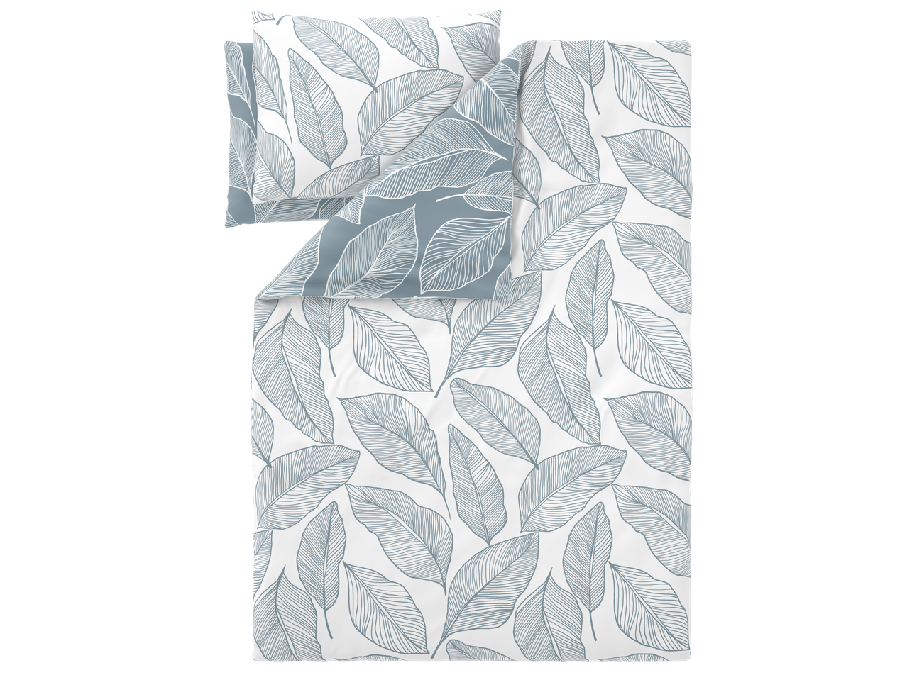 Duvet cover set with a white and blue leaf pattern