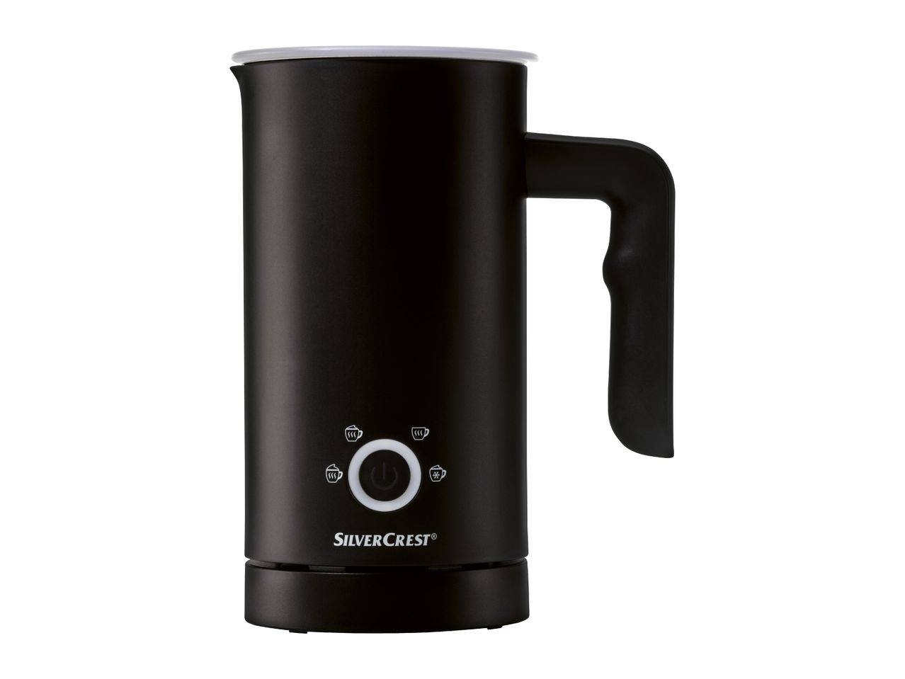SilverCrest black milk frother with a handle and control buttons on the front.