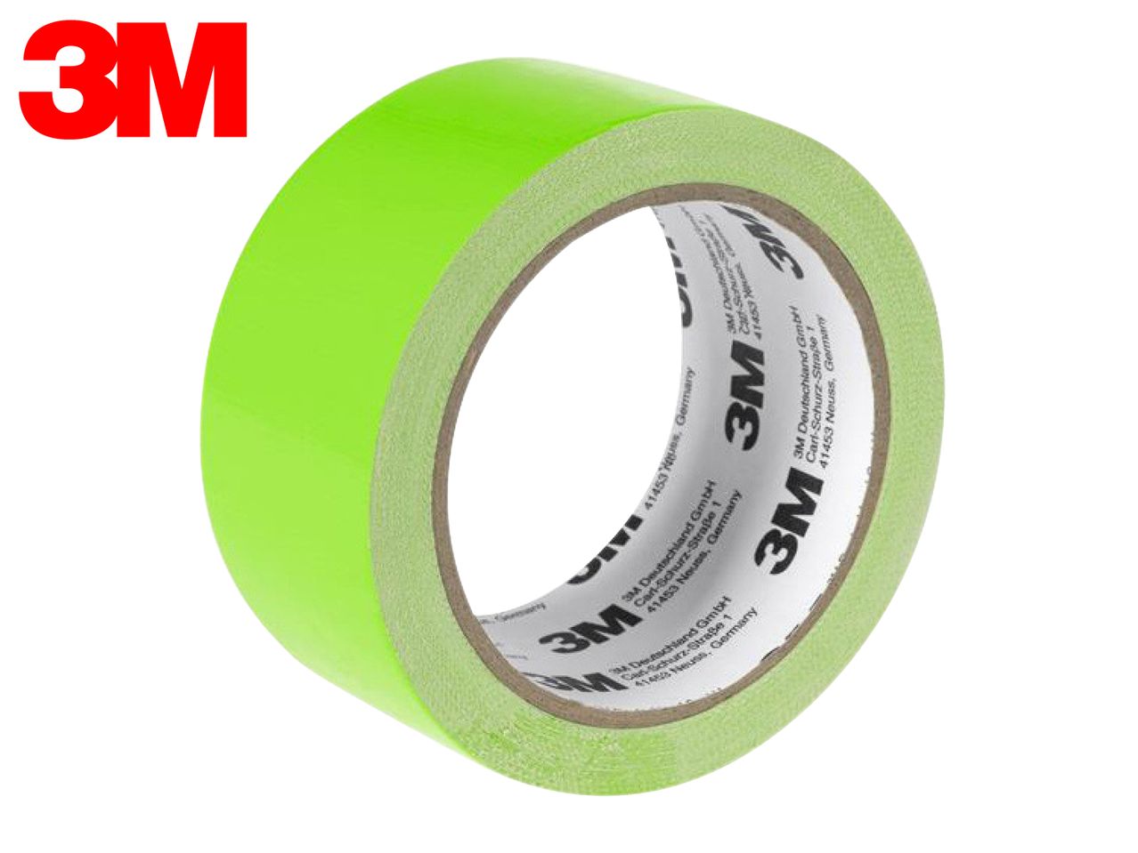 A roll of bright green 3M tape with branding visible on the core.