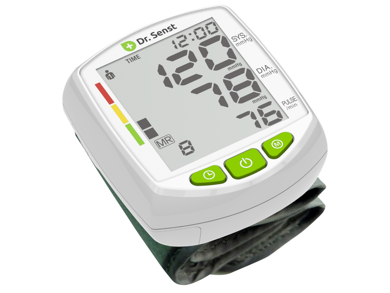 Апарат за измерване на кръвно налягане Dr. Senst с показания 120/78 mmHg и пулс 76.