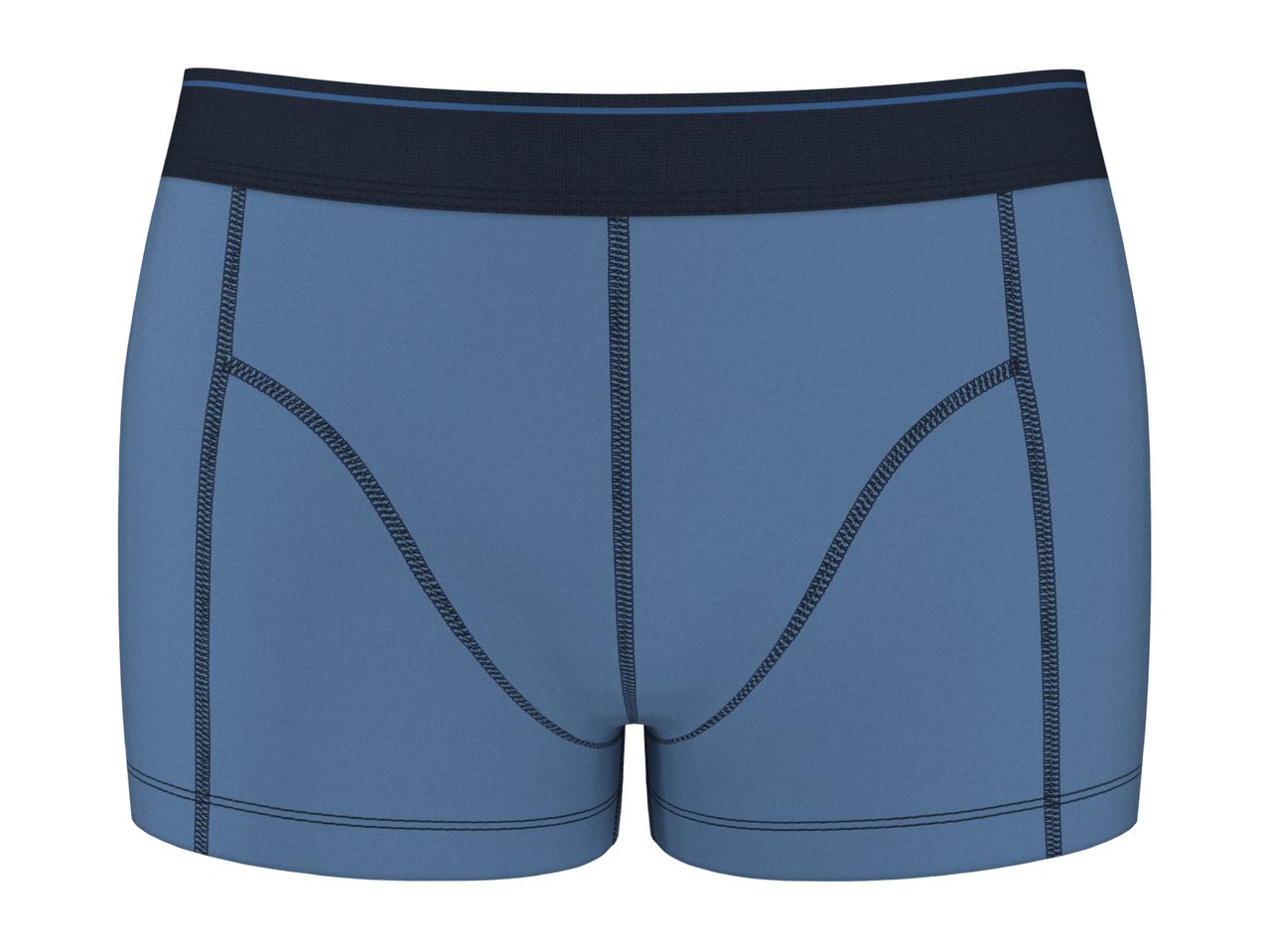 Blue men's boxer briefs with a dark blue waistband and visible stitching.