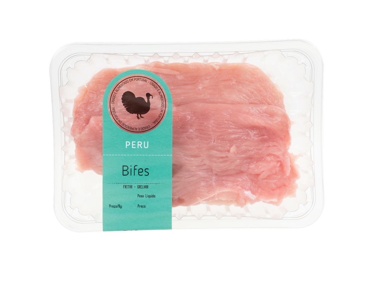 Embalagem de bifes de peru criados e alimentados em Portugal.