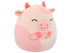 Peluche de vache rose et blanche avec des cornes roses et un visage souriant.