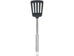 Spatule de cuisine noire avec manche en acier inoxydable.