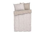 Duvet cover set with two pillows, featuring a geometric pattern in beige and white.