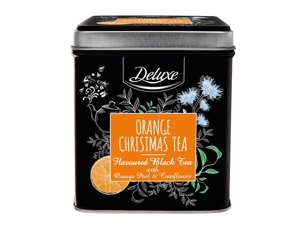 Deluxe Orange Christmas Tea tin with orange peel and cornflower, black with festive designs.