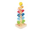 Wooden marble run with colorful, numbered leaf-shaped tracks and marbles.