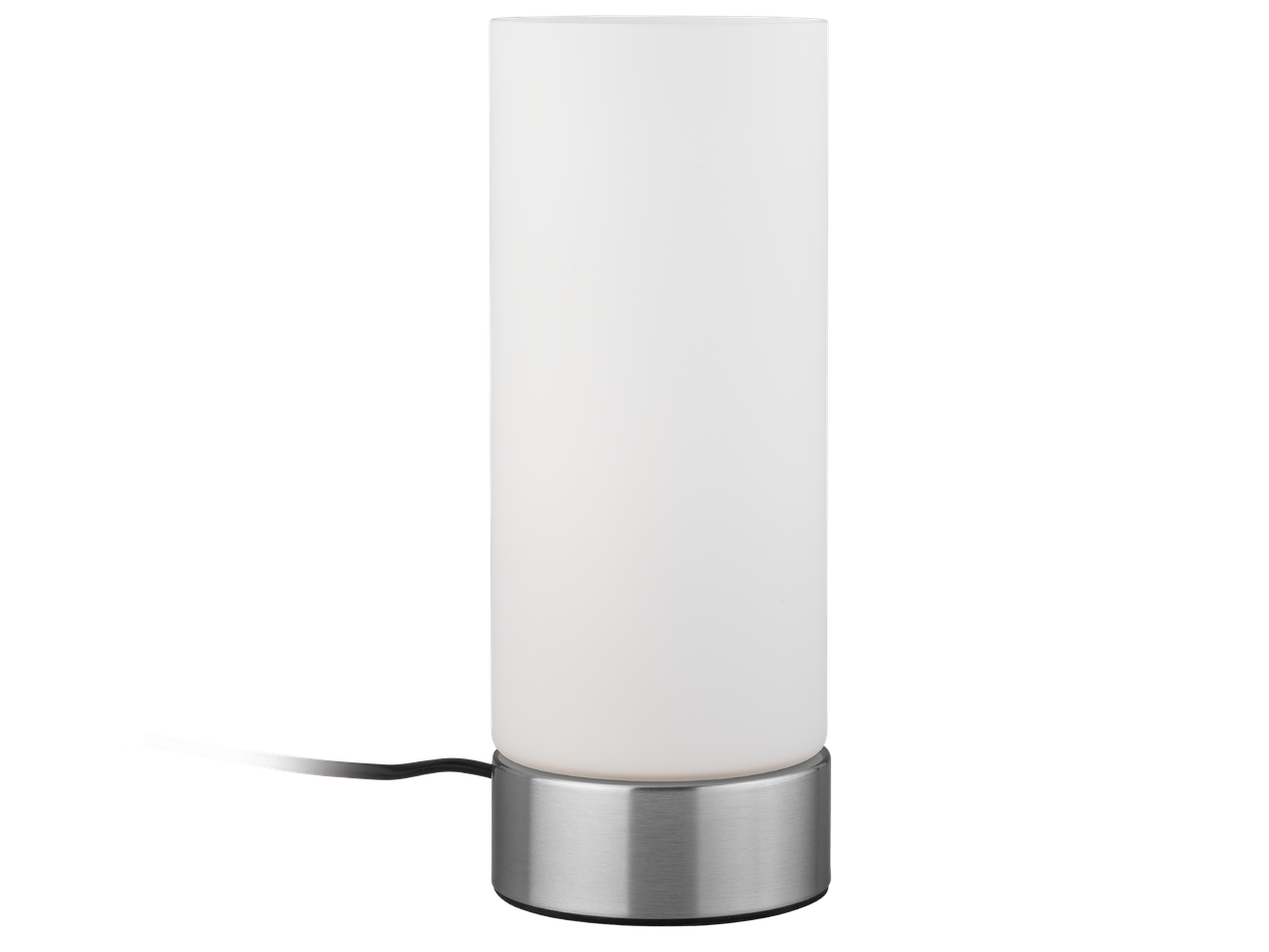 Настолна лампа с цилиндричен бял абажур и метална основа.