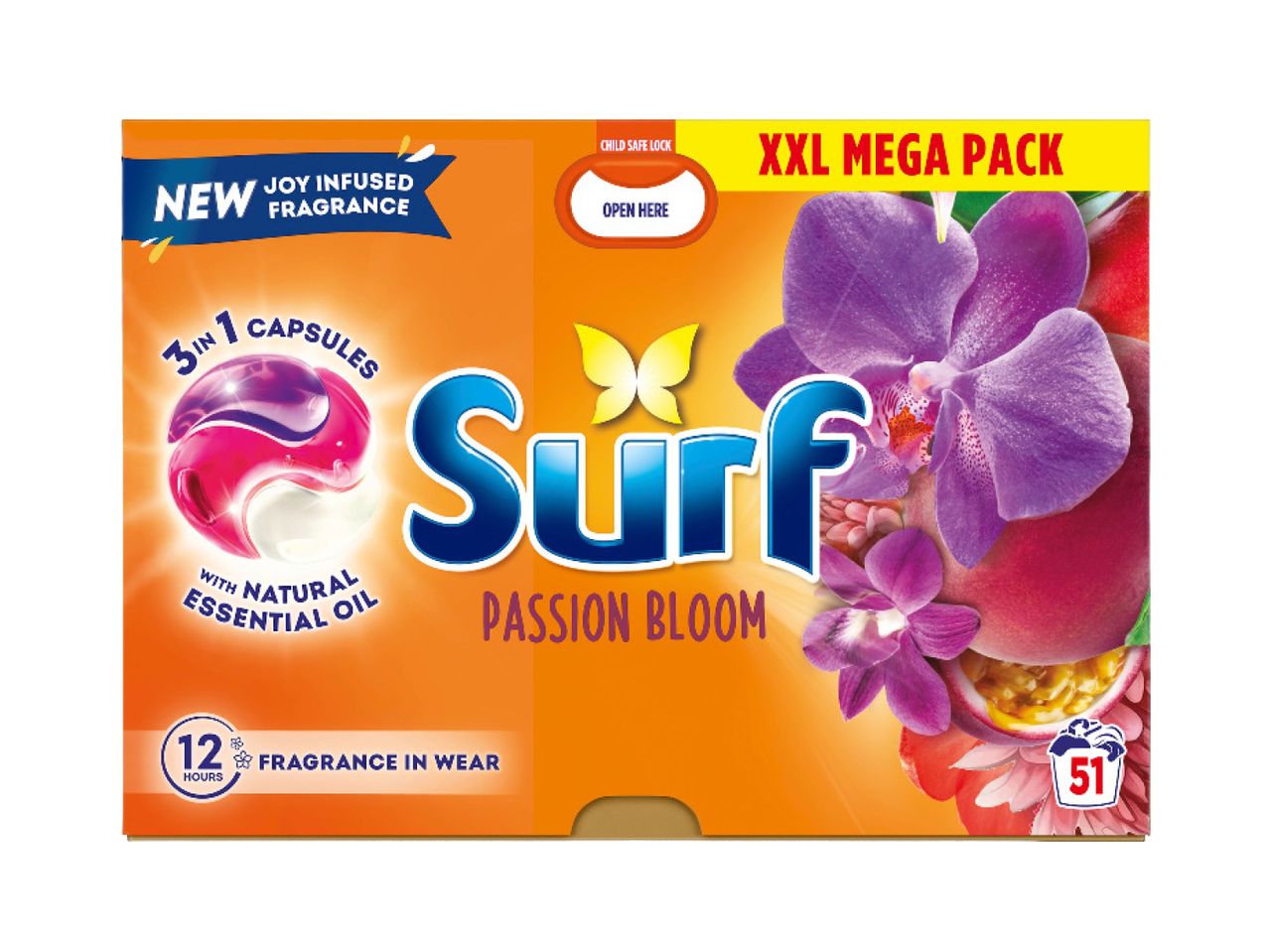 Surf Passion Bloom 3-in-1 laundry capsules, XXL Mega Pack with 51 capsules.