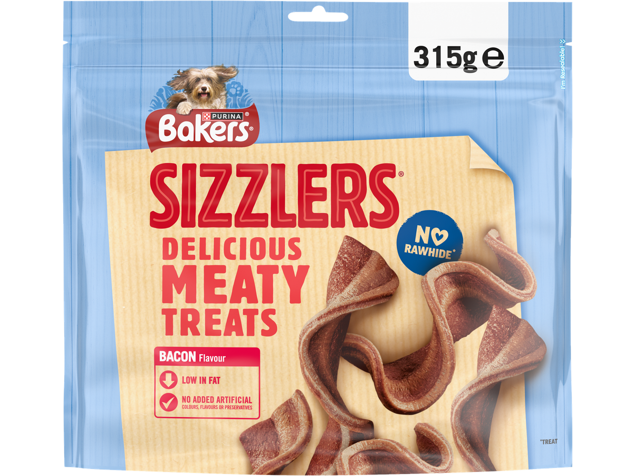 Purina Bakers Sizzlers Bacon Flavour dog treats, 315g bag.