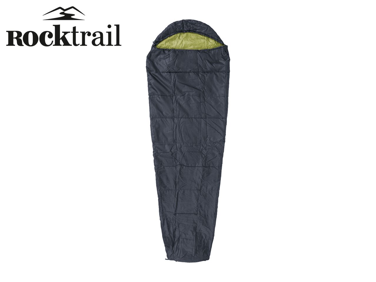 Rocktrail sleeping bag, dark gray with a lime green hood lining.