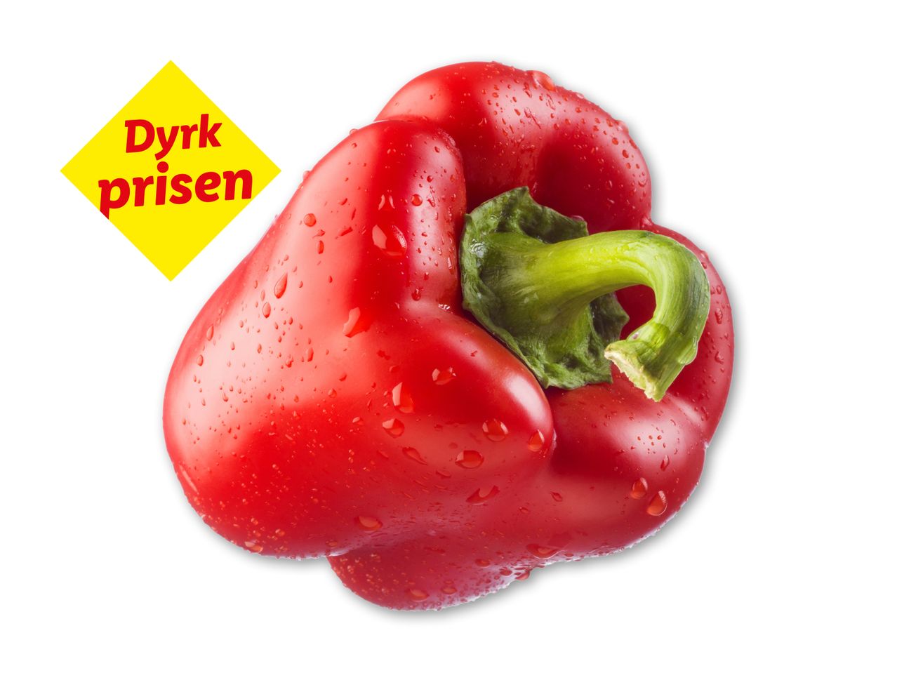 Rød peberfrugt med vanddråber og teksten 'Dyrk prisen' på en gul baggrund.