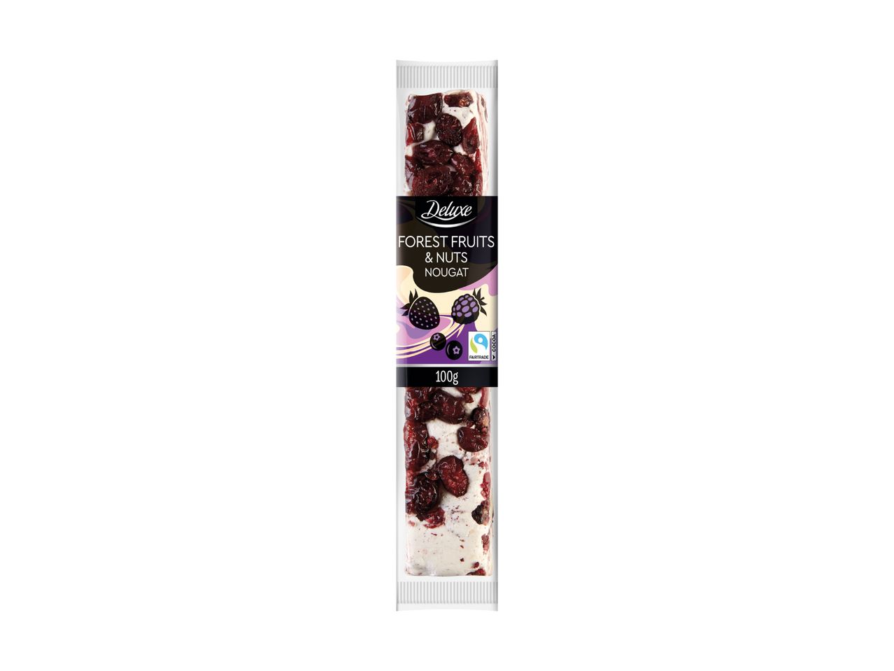 Deluxe Forest Fruits & Nuts Nougat, 100g, with Fairtrade cocoa.