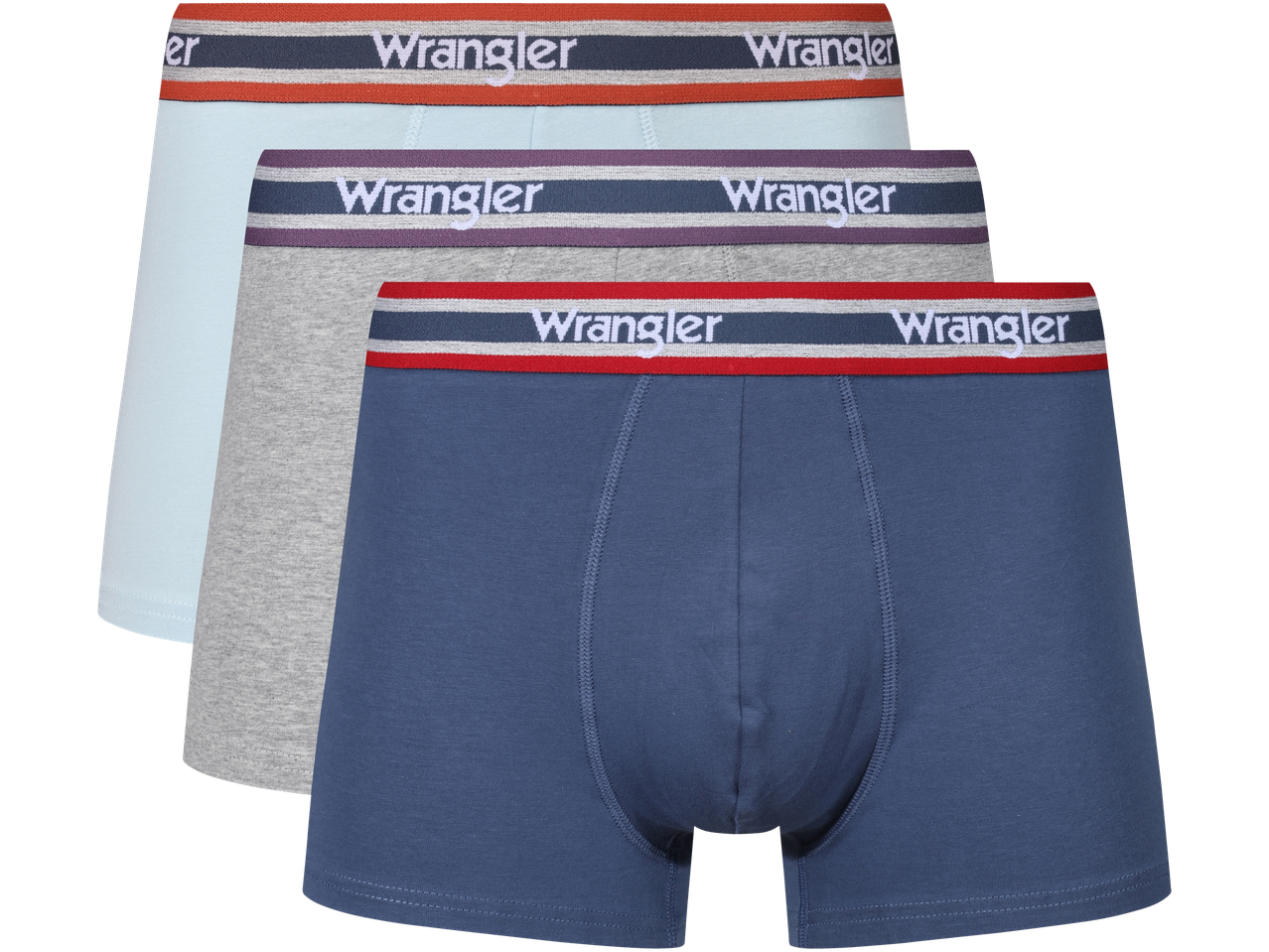 Three pairs of men's Wrangler boxer briefs in light blue, grey, and blue.