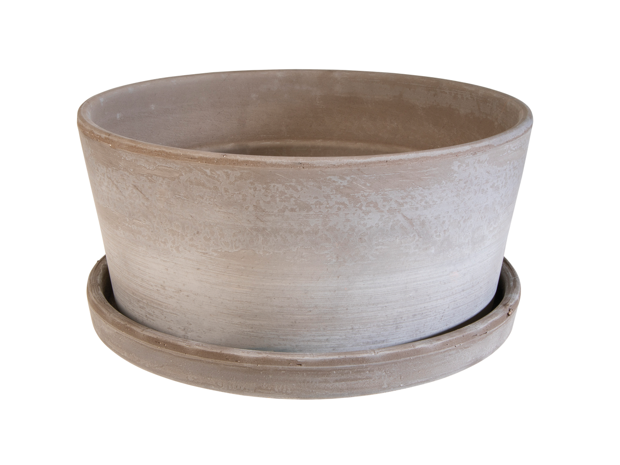 Keramische buitenpot met schotel, lichtgrijs van kleur.