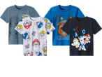 Fyra Paw Patrol-t-shirts för barn i olika färger och mönster.