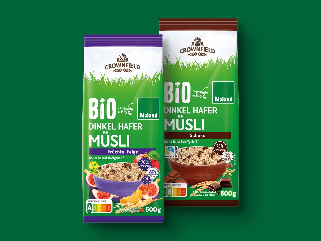 Crownfield Bio Dinkel Hafer Müsli: Frucht-Feige und Schoko.