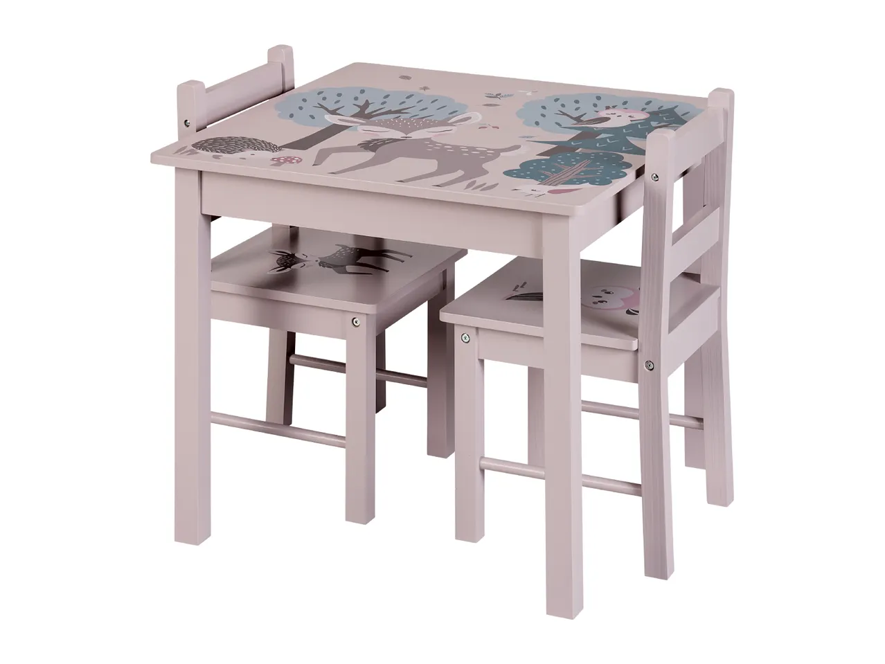 A children's table and two chairs with forest animal designs.
