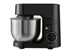 A black stand mixer with a stainless steel bowl and a digital display showing 'Turbo 2 01:59'.