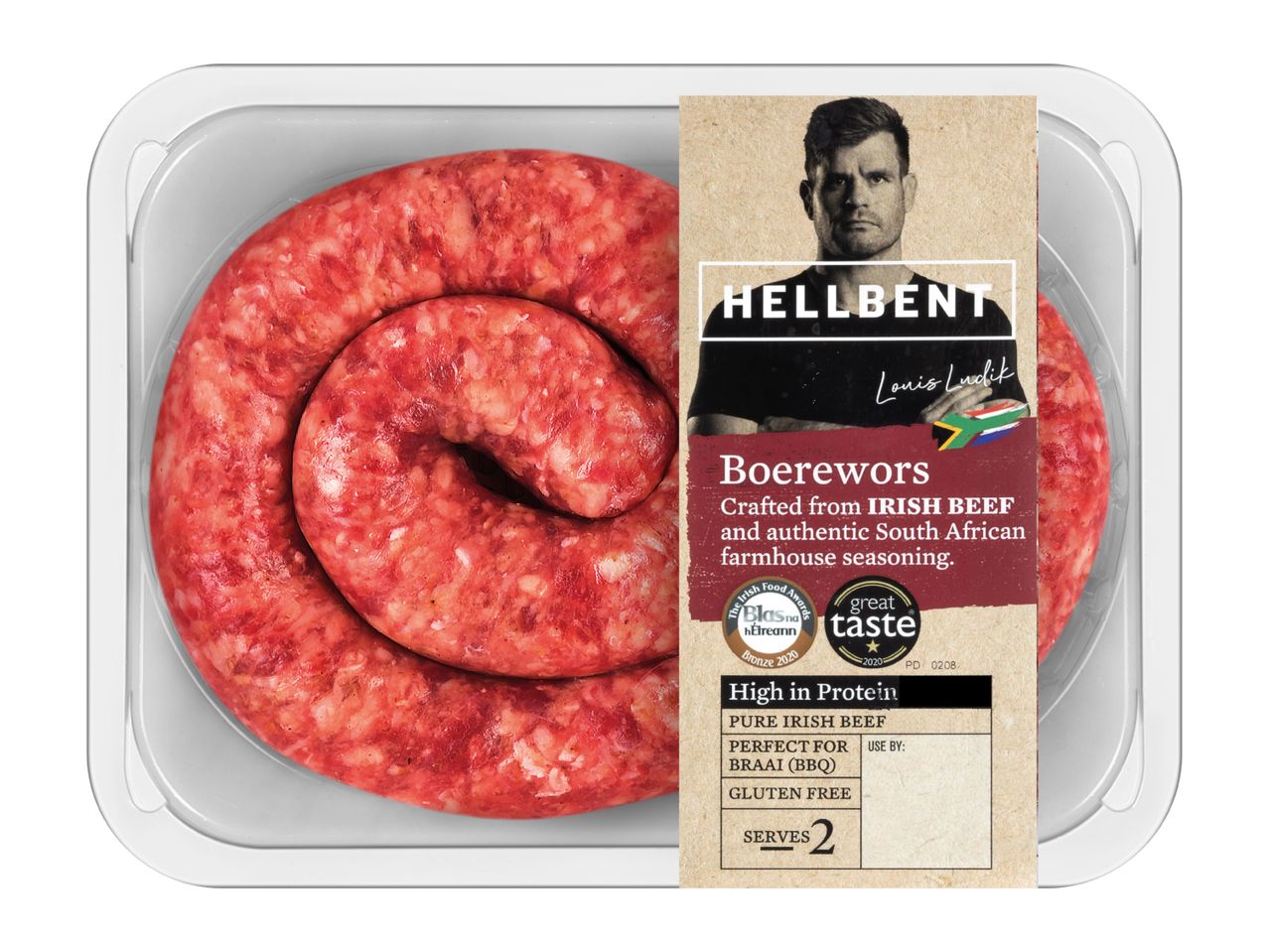 Boerewors sausage in a clear tray with a label featuring a man and product details.