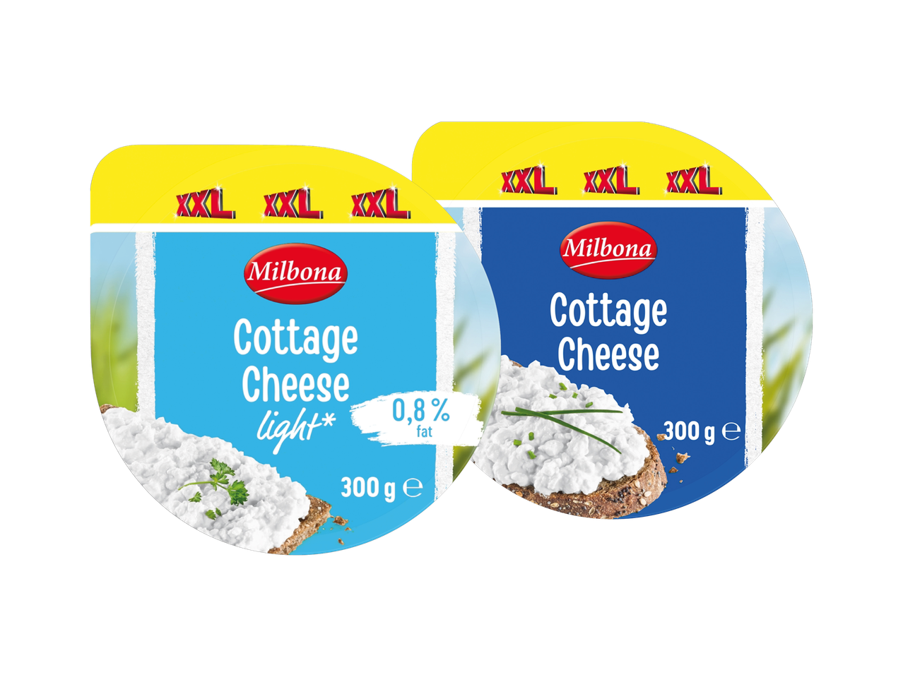 Dva pakiranja Milbona svježeg sira, jedno light s 0,8% masti i jedno obično, oba od 300g.