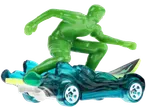 Hot Wheels Toy Car Assortment: Green surfer figure on a blue wave-themed car with a surfboard.