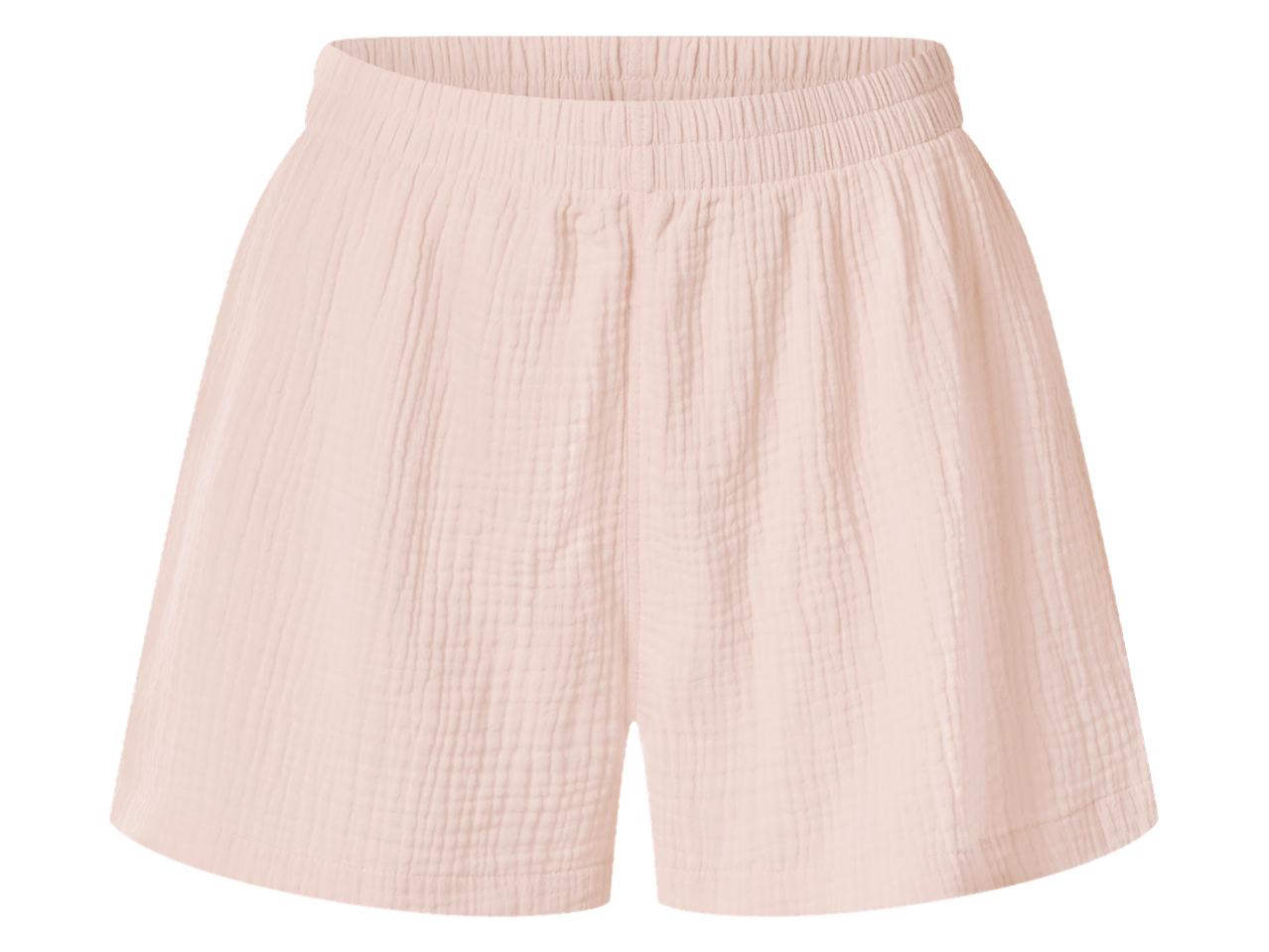 Rózsaszín, ráncolt anyagú, gumis derekú rövidnadrág.