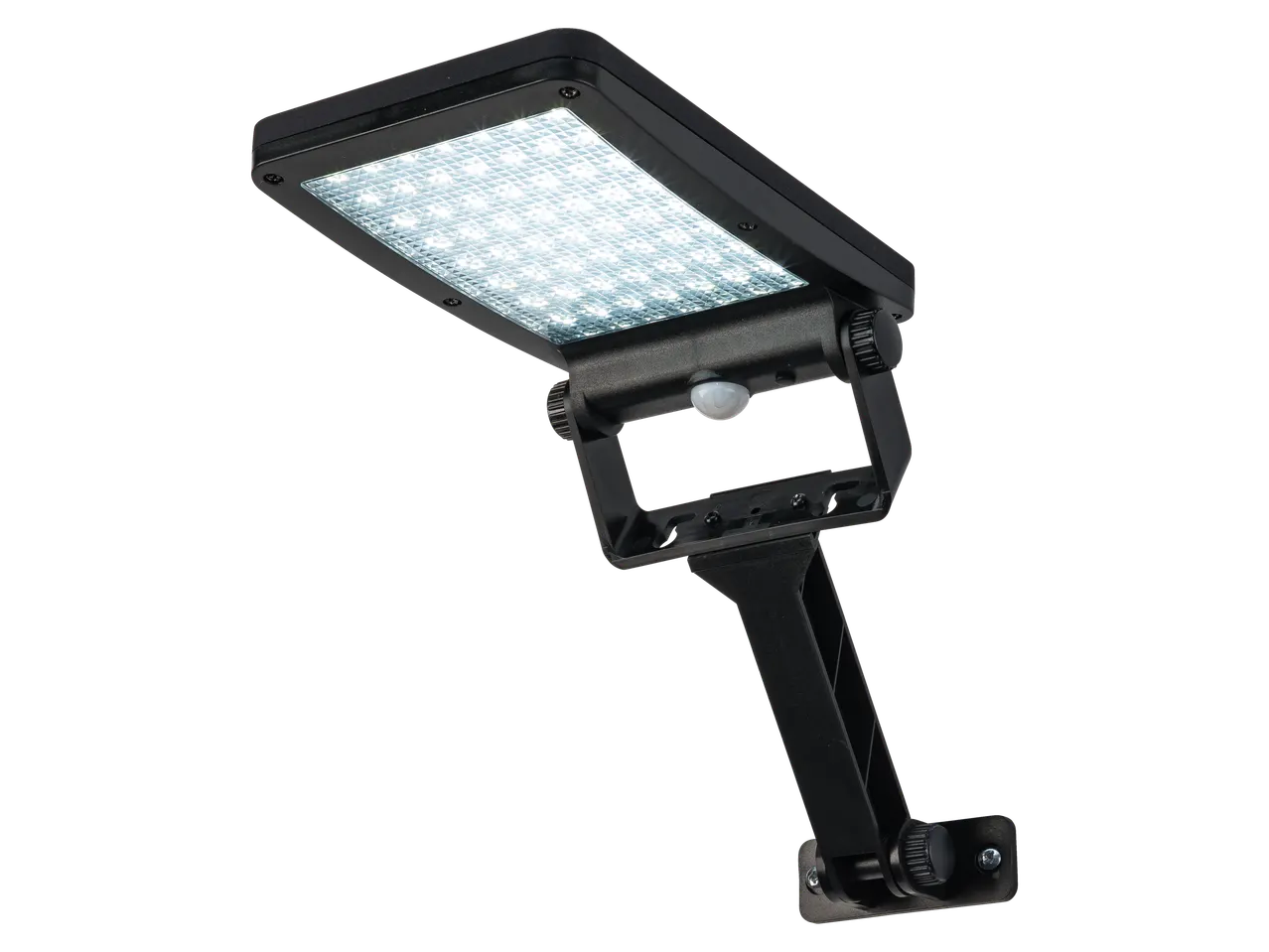 Saulės LED šviestuvas su judesio jutikliu, montuojamas ant sienos.