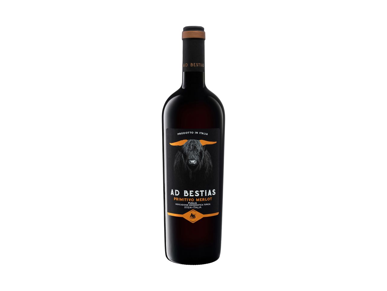 Ad Bestias Primitivo Merlot wine bottle, 2024 vintage.