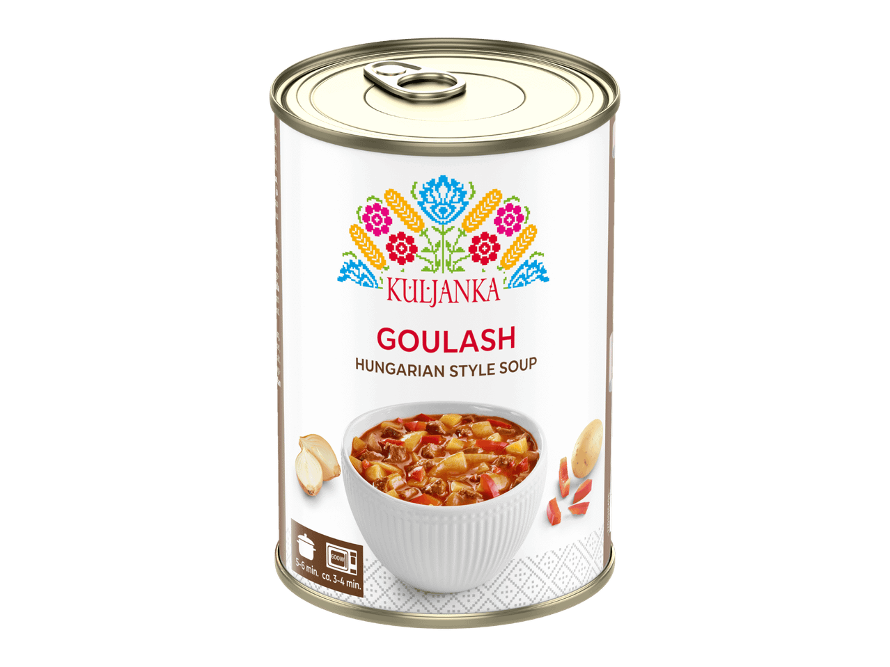 Tölkki unkarilaistyylistä goulash-keittoa valkoisessa kulhossa.