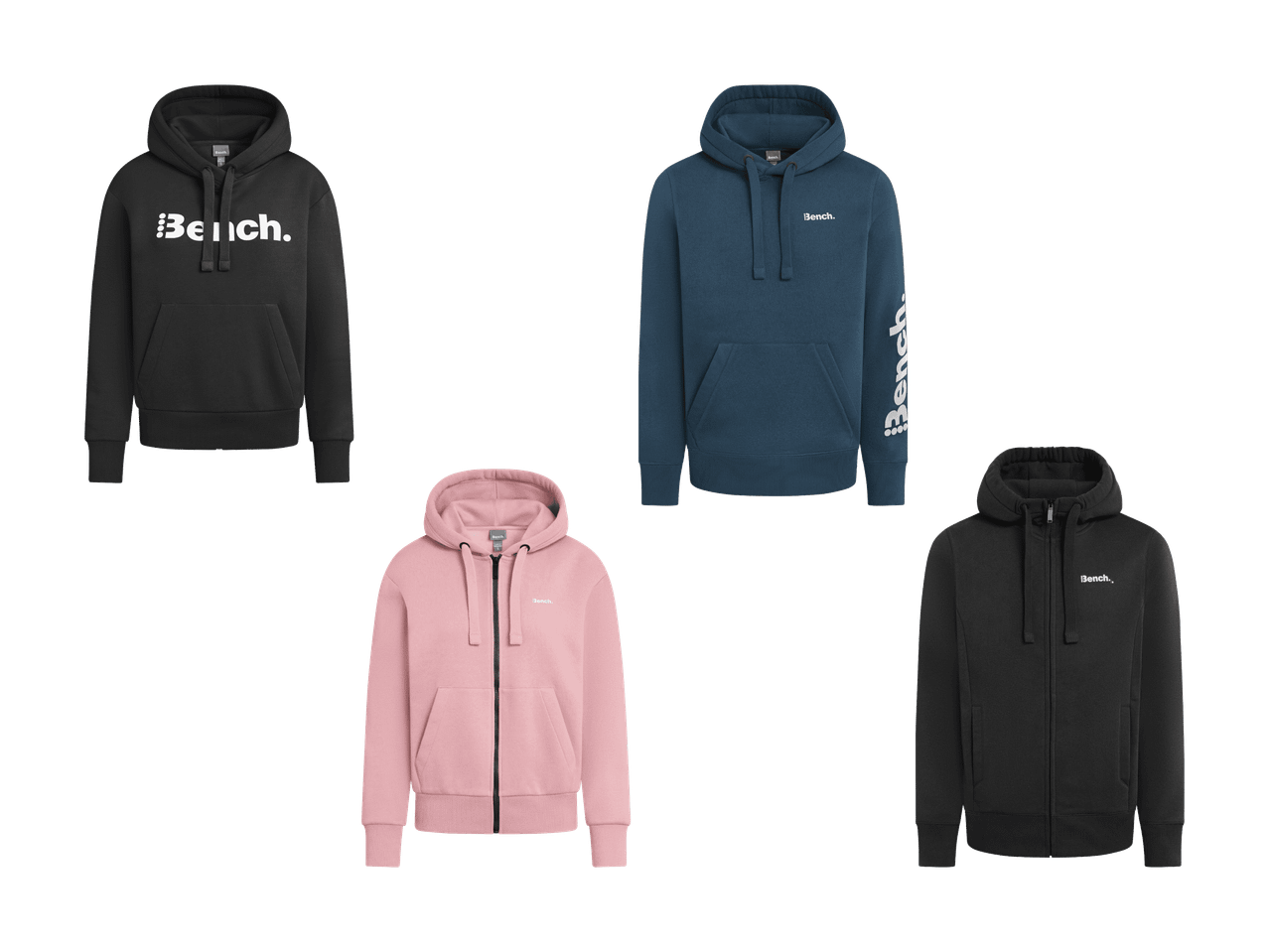 Fünf Bench Kapuzenpullover in Schwarz, Blau und Rosa, teilweise mit Reißverschluss.