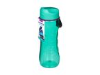 A teal plastic water bottle with a carrying loop.