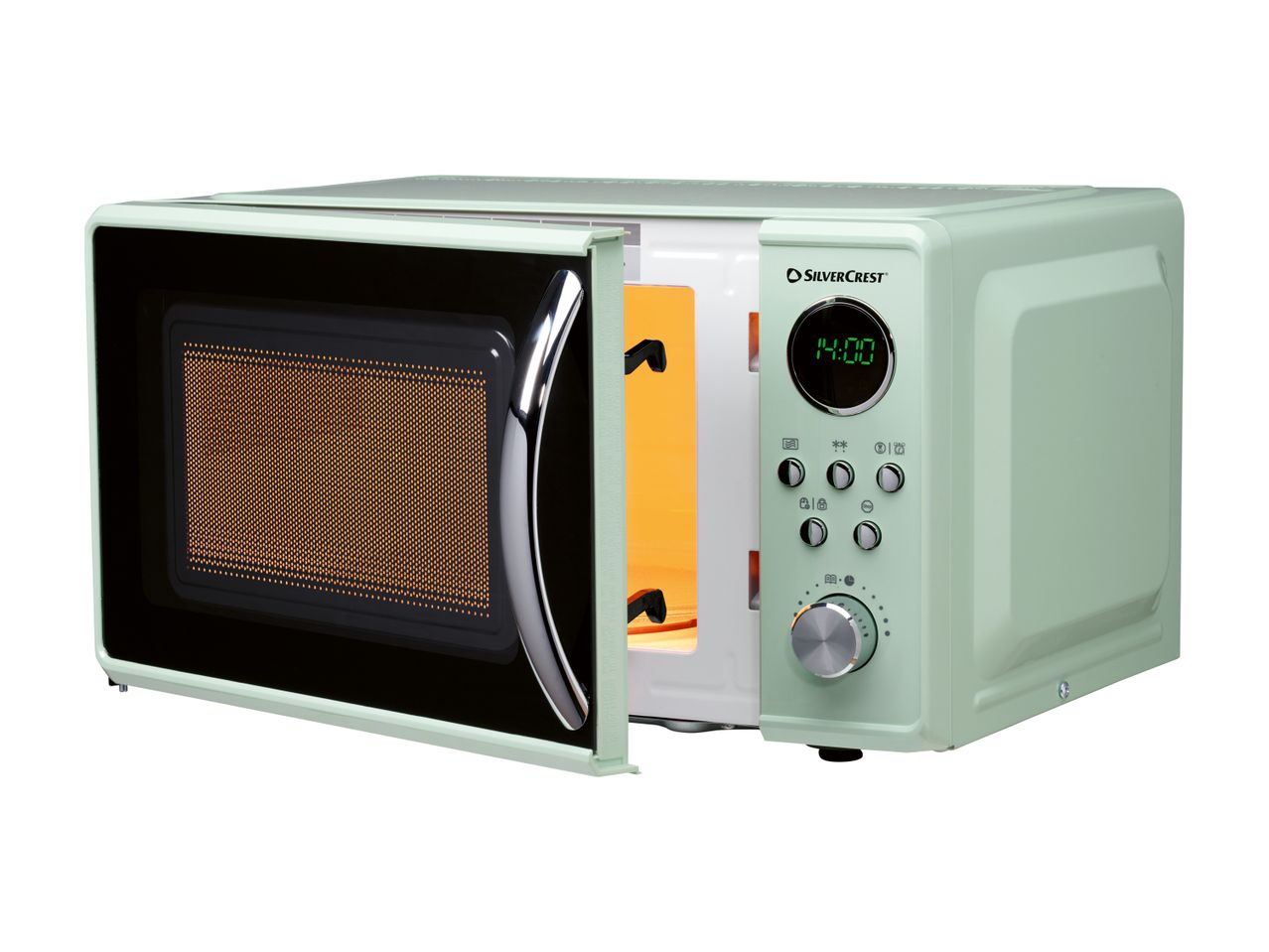 SilverCrest retro mikrobølgeovn i mintgrøn med åben dør og digitalt display